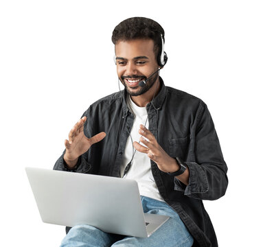 Man using laptop computer isolated transparent background, Student men communicate and working online, Distance work or study, business, creative occupation, meeting online, e-learning.