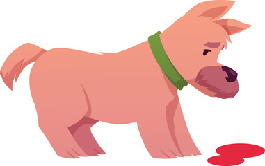 Sad cartoon puppy with blood stains on the floor, side view.