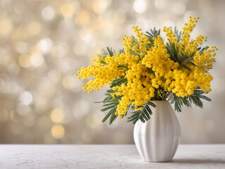 Bright yellow mimosa flowers arranged in a white vase on a softly blurred background