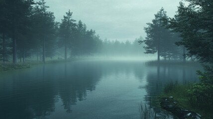 Obraz premium Misty lake surrounded by dark pine forest with still water reflecting foggy sky