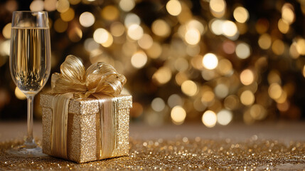 A golden present surrounded by cascading glitter, champagne sparkles filling the background, joyful scene celebrating luxury and festivity