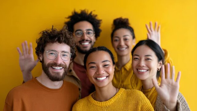 Happy multicultural group of young friends looking at the camera and waving their hands in a friendly greeting, smiling together and enjoying their time against a vibrant yellow background