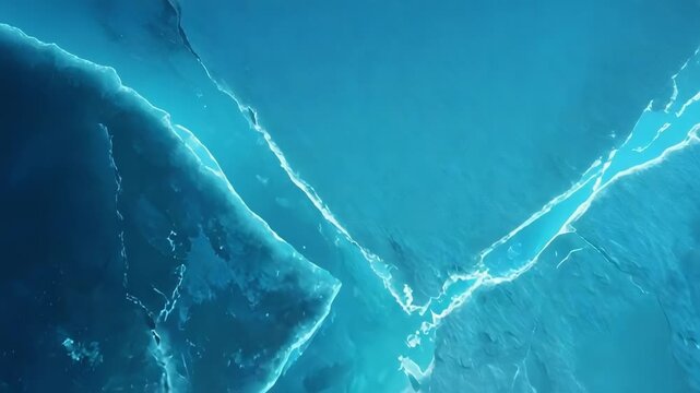 Close-up of blue ice with bright white fractures running through it.