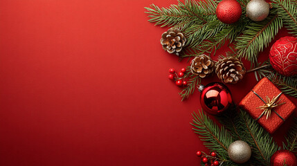 Festive holiday decorations with red and gold ornaments on a vibrant red background