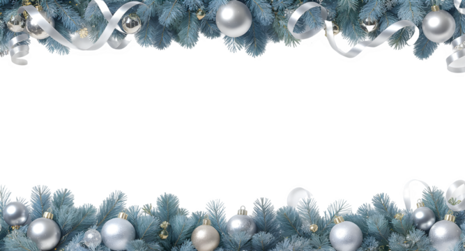 Luxurious top and bottom Christmas border with glowing ornaments, flowers, ribbons, and pine cones — elegant festive PNG with empty center space for greetings or design
