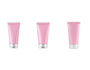  generate three views of the pink plastic cosmetic tube, front view, side view and back view with white background. 