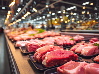 Fresh cuts of meat displayed in a bustling market with bright lights