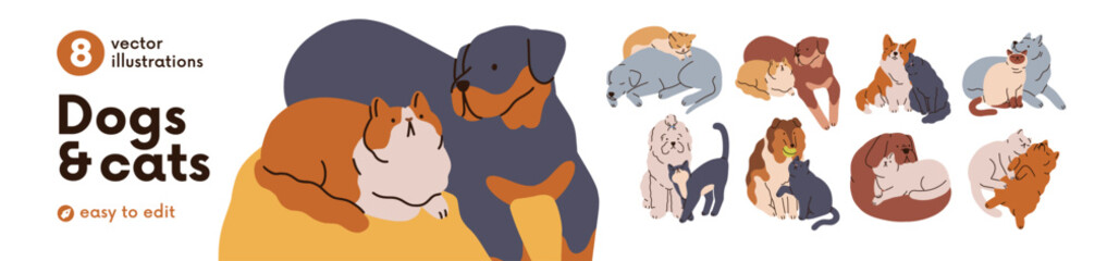 Naklejka na ściany i meble Cute cat and dog friends set. Funny pets hugging, cuddling, playing, sleeping and relaxing together. Canine and feline animals love, friendship. Flat vector illustrations isolated on white background. Naklejka na ściany i meble Cute cat and dog friends set. Funny pets hugging, cuddling, playing, sleeping and relaxing together. Canine and feline animals love, friendship. Flat vector illustrations isolated on white background.