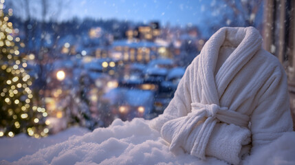 Fototapeta premium Fluffy bathrobe and towel ensemble on snow reflecting festive lights, steam curling gently upward, luxury spa retreat feel in serene winter light