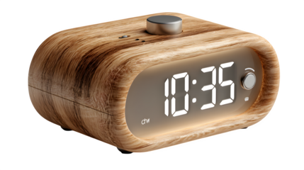 Modern wooden alarm clock, digital display inset in wood grain, soft glow, isolated on white background