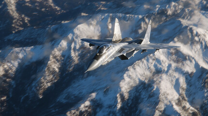 Jet fighter soaring supersonic above snow-covered valleys, air rippling with pressure waves, mountain shadows and light rays intertwining dramatically