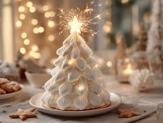Festive dessert with white frosting shaped like a Christmas tree, topped with a sparkling star during holiday celebrations