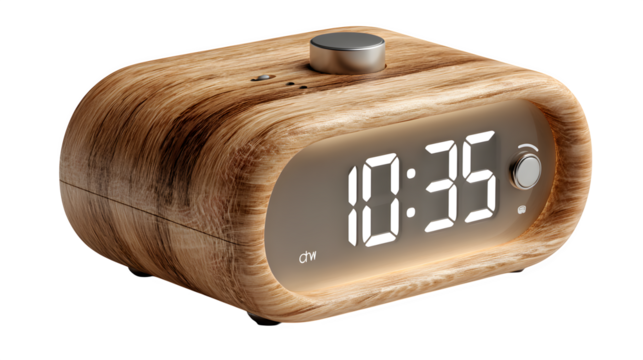 Modern wooden alarm clock, digital display inset in wood grain, soft glow, isolated on white background