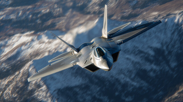 Fototapeta F-22 jet roaring through a corridor of alpine peaks, sonic boom halo expanding outward, sunlight glinting off its titanium-gray surface