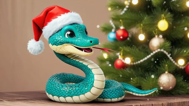 Adorable cartoon turquoise snake wearing Santa hat coiled near decorated Christmas tree with