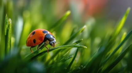Obraz premium A ladybug is on a green leaf. The ladybug is red and black