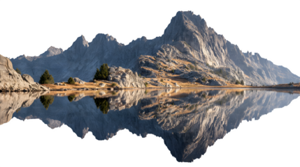 Mountain lake reflection, crisp mirrored water with scenic peaks, isolated on white background