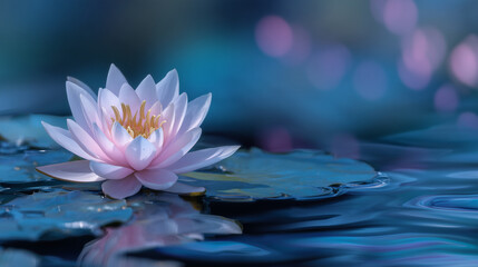 Minimalist composition of pink lotus blossom in the center of cyan pond, tranquil stillness and glowing color contrast create visual serenity