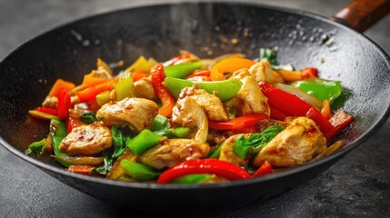 A vibrant stir fry cooking with tender chicken pieces and a mix of colorful bell peppers green beans and greens in a black wok over a flame. Steam rises as flavors blend.