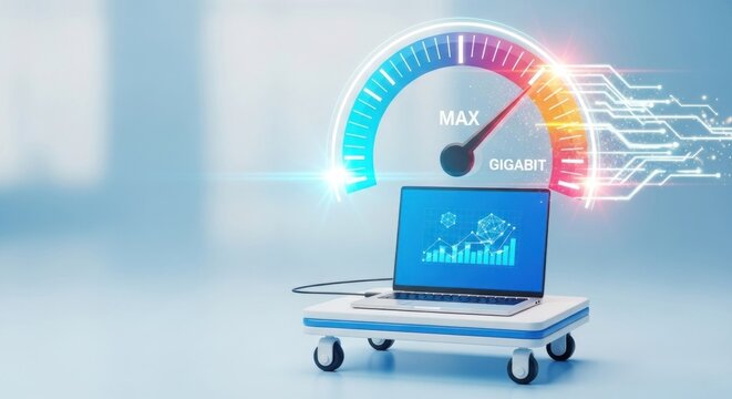A laptop with a Gigabit speedometer on it.