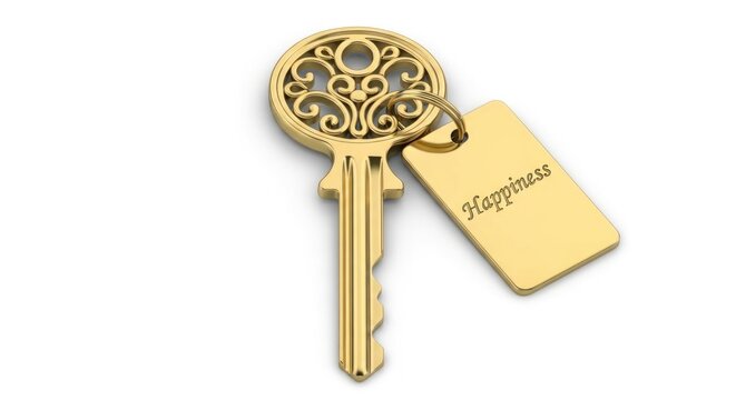 A gold key with a tag that says 'Happiness' on it. - Powered by Adobe