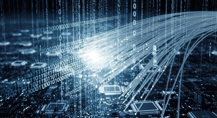 A digital network with binary code and fiber optic cables.