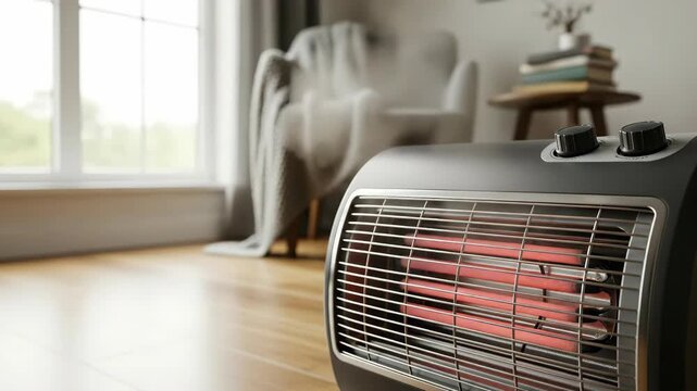 Portable electric heater glowing in a living room, providing warmth during cold weather. Home appliance for heating interior space footage.