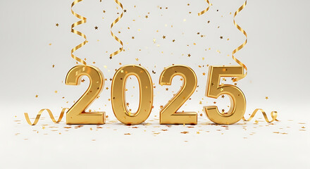 Golden 2025 numbers with confetti, isolated on white background