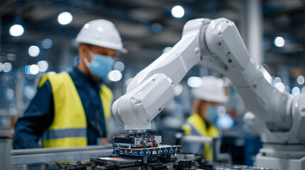 Macro shot of an advanced sensor being positioned by a robotic arm, soft depth of field reveals worker supervision in the blurred background