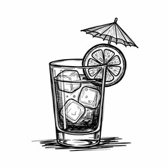 Refreshing drink with ice cubes and lemon slice under umbrella  