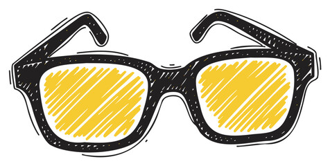 Hand-drawn sketch of black sunglasses with bright yellow lenses, depicting a casual and trendy eyewear style.