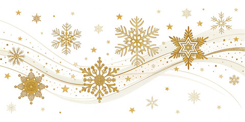 Elegant festive background with golden snowflakes and stars on white backdrop