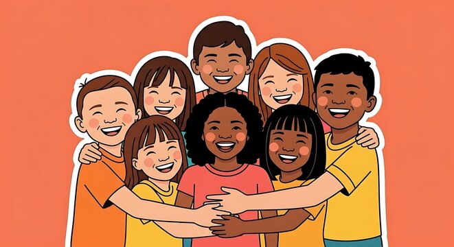 Diverse Group of Children Embracing and Smiling Together in Harmony.