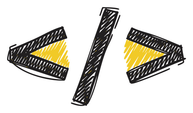 Hand-drawn sketch of html code brackets in black with yellow highlights, representing web development and programming concepts.