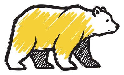 Hand-drawn bear illustration with a yellow scribble texture, featuring a simple and bold design for nature-themed concepts.