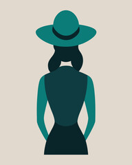 Illustration of a woman with a hat in shades of green, seen from behind on a light background girl avatar