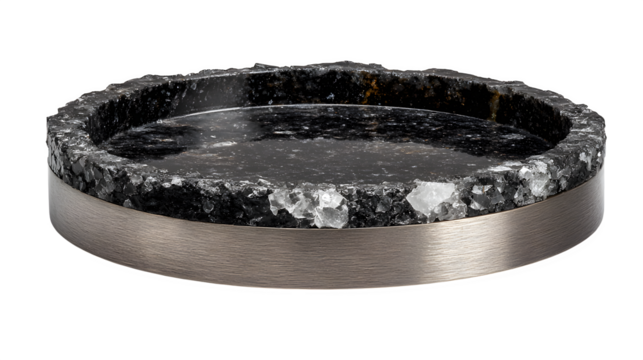 Onyx and silver serving dish, black stone plate with metal rim, luxe presentation, isolated on white background
