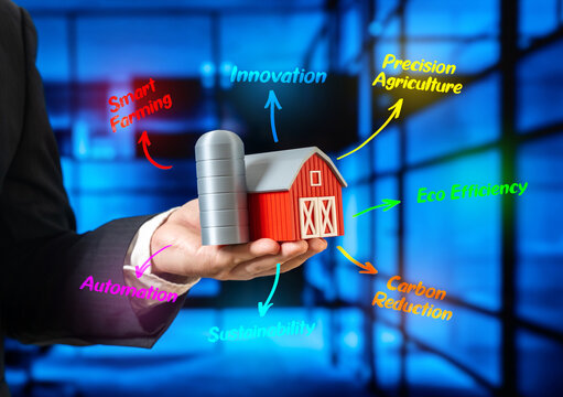 A business model for a successful farm. Innovations and technologies in agribusiness. Digital transformation in agriculture. Modern equipment, eco-efficiency, and food production growth.