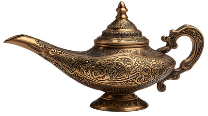 Ornate brass oil lamp, engraved spout and handle, warm metallic sheen, isolated on white background