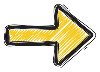 Hand-drawn yellow right-facing arrow with a black outline, filled with diagonal sketchy lines, conveying direction and movement.