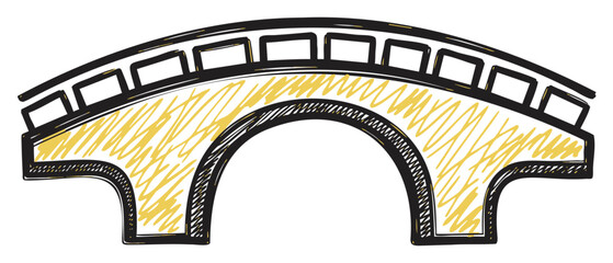 Fototapeta premium Hand-drawn sketch of a simple arched bridge with a yellow textured surface and black outlined railings.