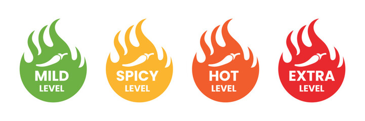 Spice level indicator with mild, spicy, hot, and extra level badge set. vector illustration