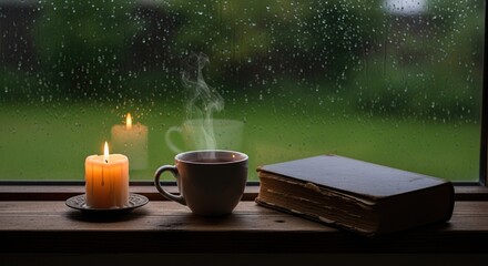 Cozy rainy day scene with hot tea candle and book by window for relaxing mood background wallpaper