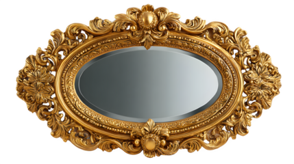 Ornate gold vanity mirror, baroque frame with bevelled glass, soft glow, isolated on white background