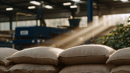 Industrial warehouse scene with rows of material sacks, soft sunlight filtering through high windows, worker inspecting inventory, machinery operating behind
