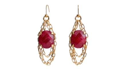 Large statement ruby drop earrings with gold chains, isolated on a Transparent background, PNG file.