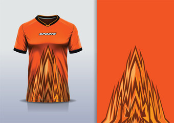 T-shirt mockup with abstract stripe lines sport jersey design for football, soccer, racing, esports, running, in orange color