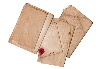 Stack of Old Vintage Paper Sheets. Aged Folded Documents and Notebook Pages Pile Isolated on White Background, Top View