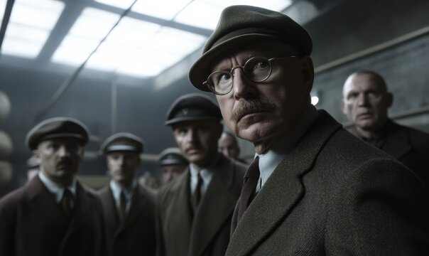 Mafia family group of criminals standing on a night street men dimly lit