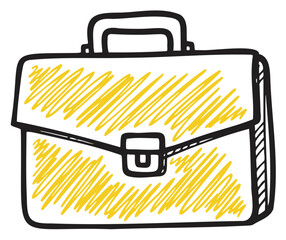 Hand-drawn black outline of a briefcase with a yellow scribble pattern, showing a front-facing view with a handle and latch.